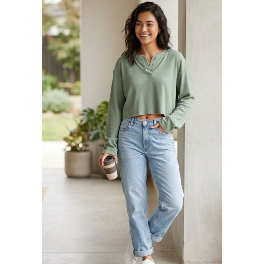 New Nordstrom BP Cropped Long Sleeve Henley Ribbed Top Drop Shoulder Women's XS